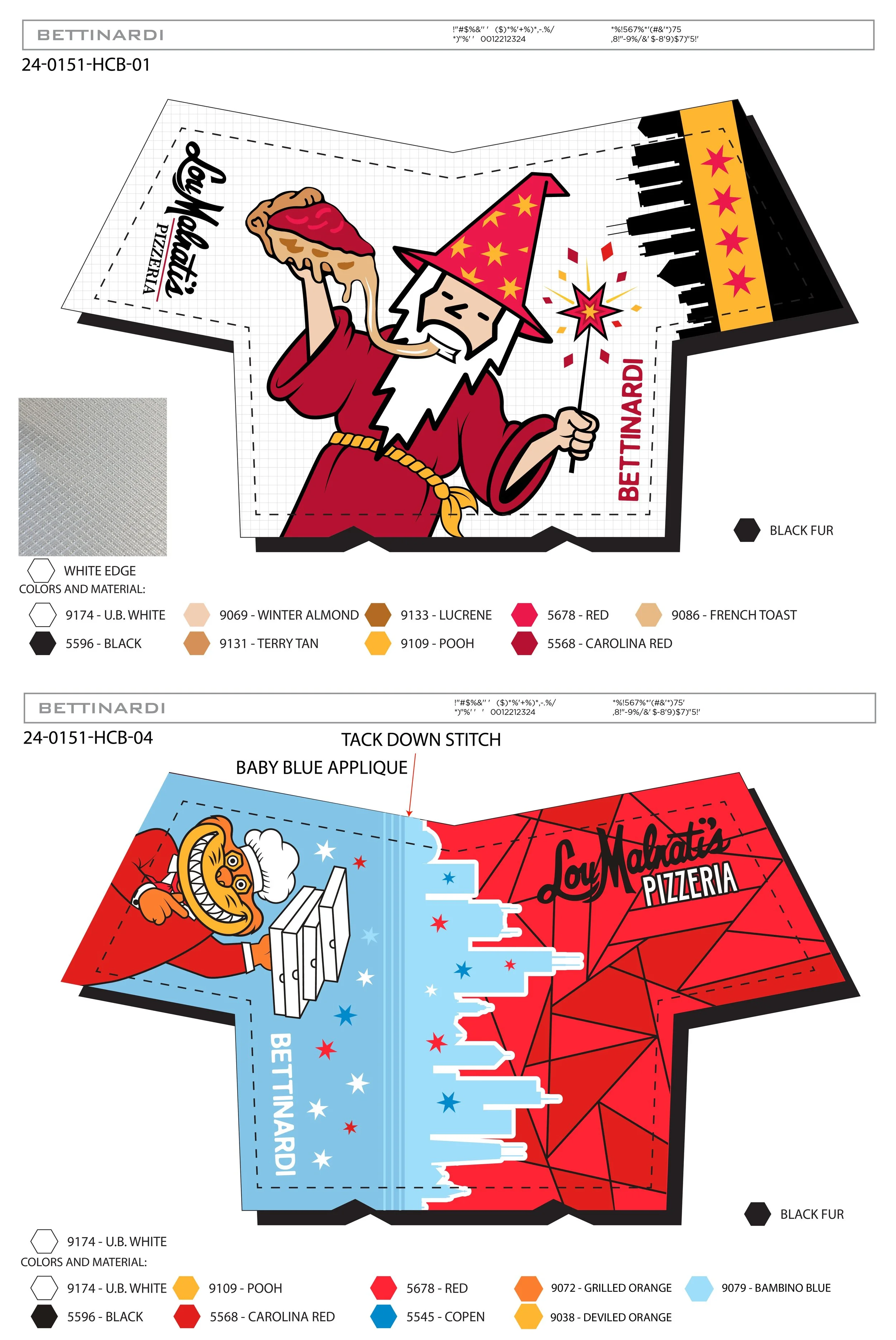 A coloring page featuring a wizard wearing a red robe and hat decorated with yellow stars, holding a slice of pizza, with the words 'Witchcraft Pizza' and graphic elements like stars, with a color palette legend at the bottom.