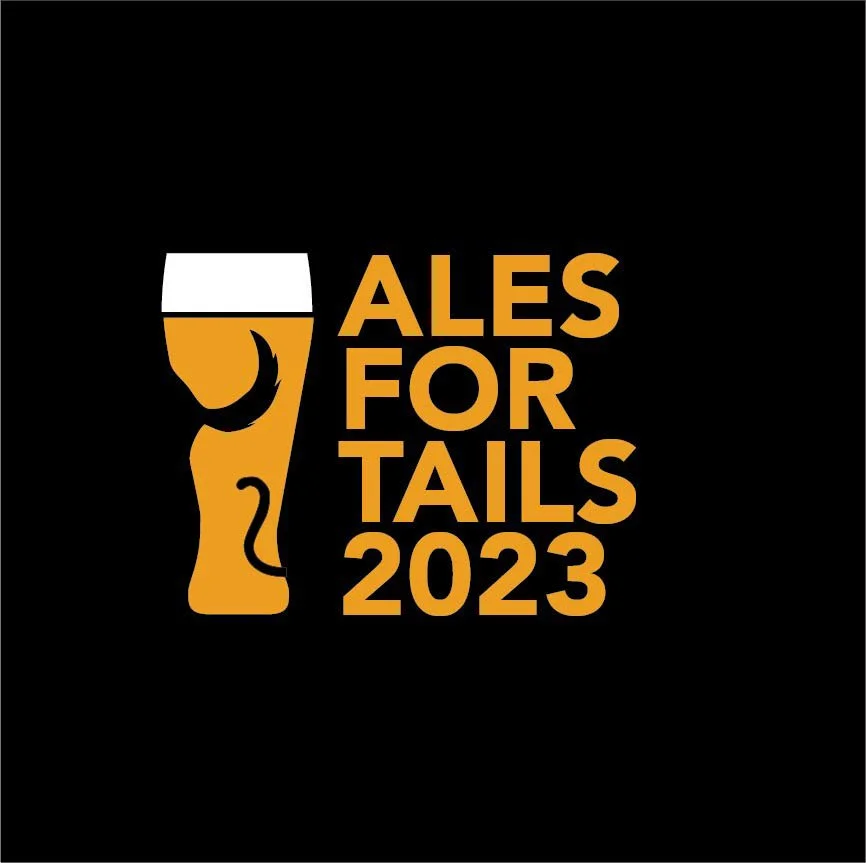 A logo with a stylized beer glass shaped like a dog's tail, alongside text that reads 'Ales for Tails 2023' in orange, on a black background.