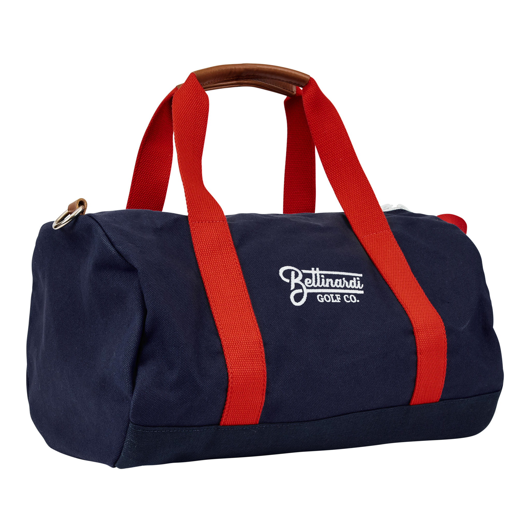 Close-up of a navy blue golf bag with red straps and a leather handle, featuring white embroidered text that reads 'Belinardi Golf Co.'