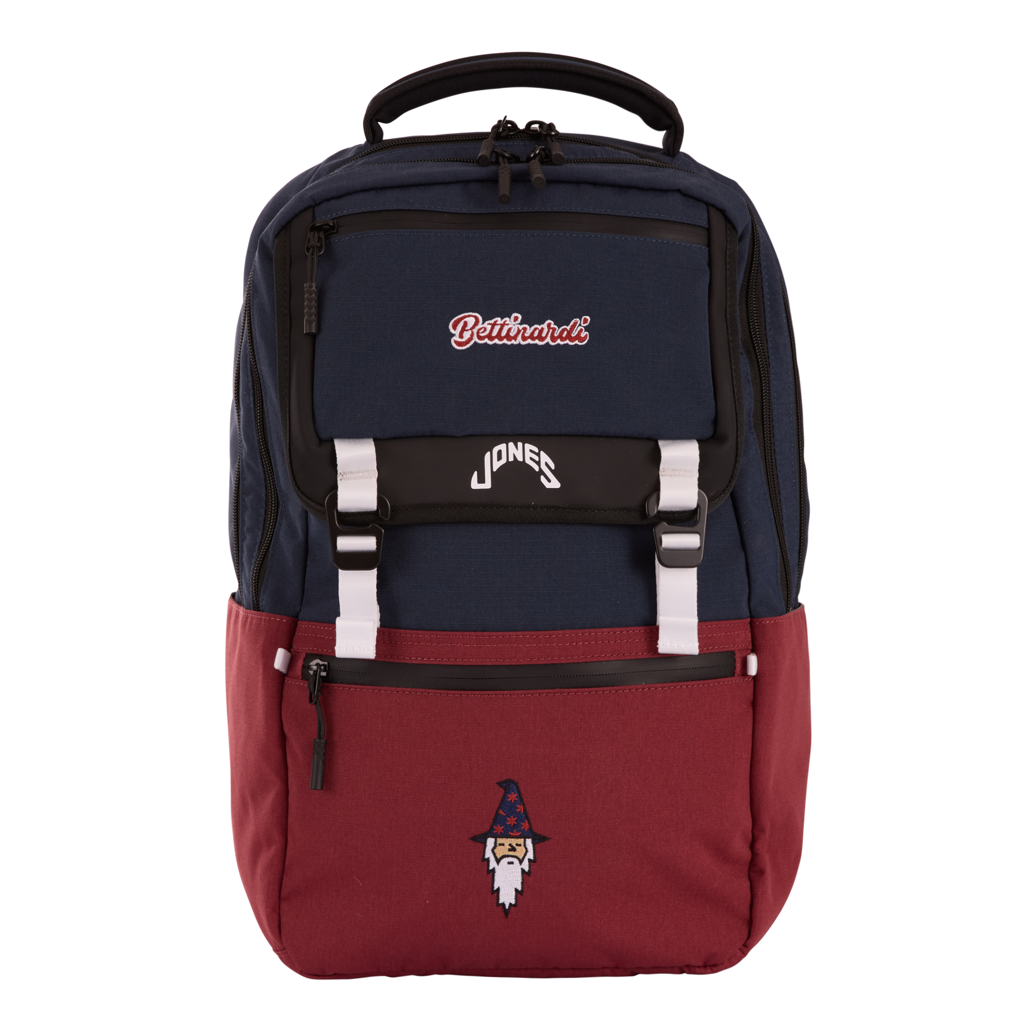 A backpack with a navy blue upper section, black and grey zipper details, and a red bottom section features a cartoon wizard patch at the front. The brand name 'Bettinardi' is embroidered on the upper front pocket.