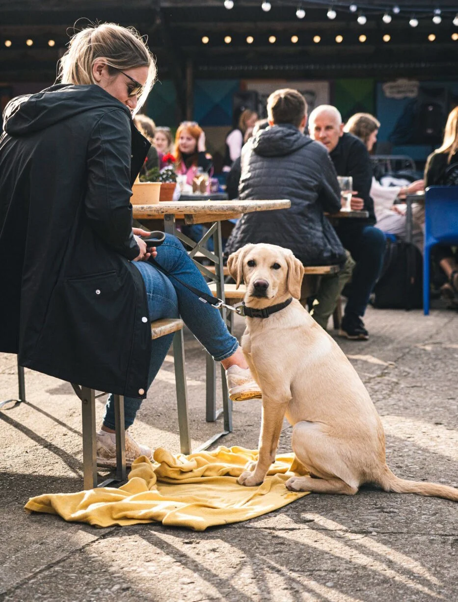 Customer enjoying a drink at the Cafe Bar outdoor area.Labrador retriever dog sitting on a yellow blanket outdoors with people dining at tables in the background.