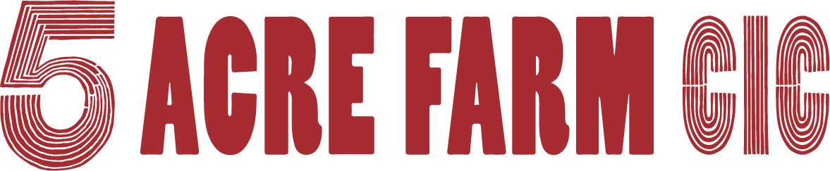 The logo for 5 Acre Farm, featuring large red text with the number 5 on the left, the words 'ACRE FARM' in the middle, and the words 'CIC' on the right, all with a line pattern.