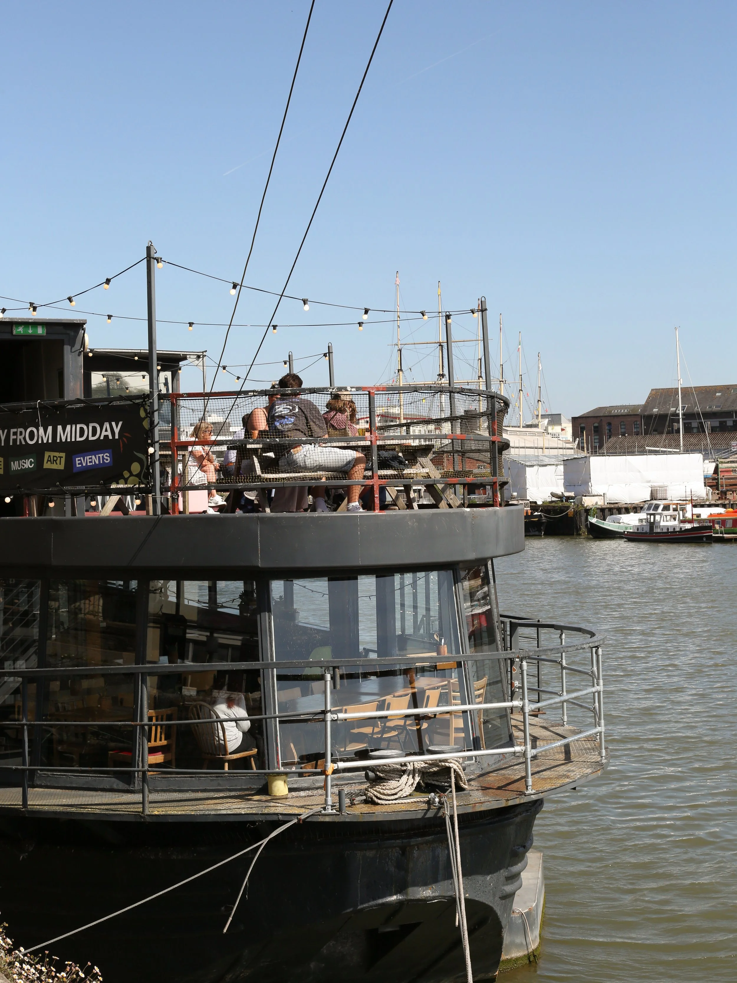 Grain Barge is moored in Bristol's historic harbour and is a relaxed spot for enjoying delicious food made from locally-sourced seasonal ingredients. Panoramic harbour views and music and art below deck. Available for private hire.
