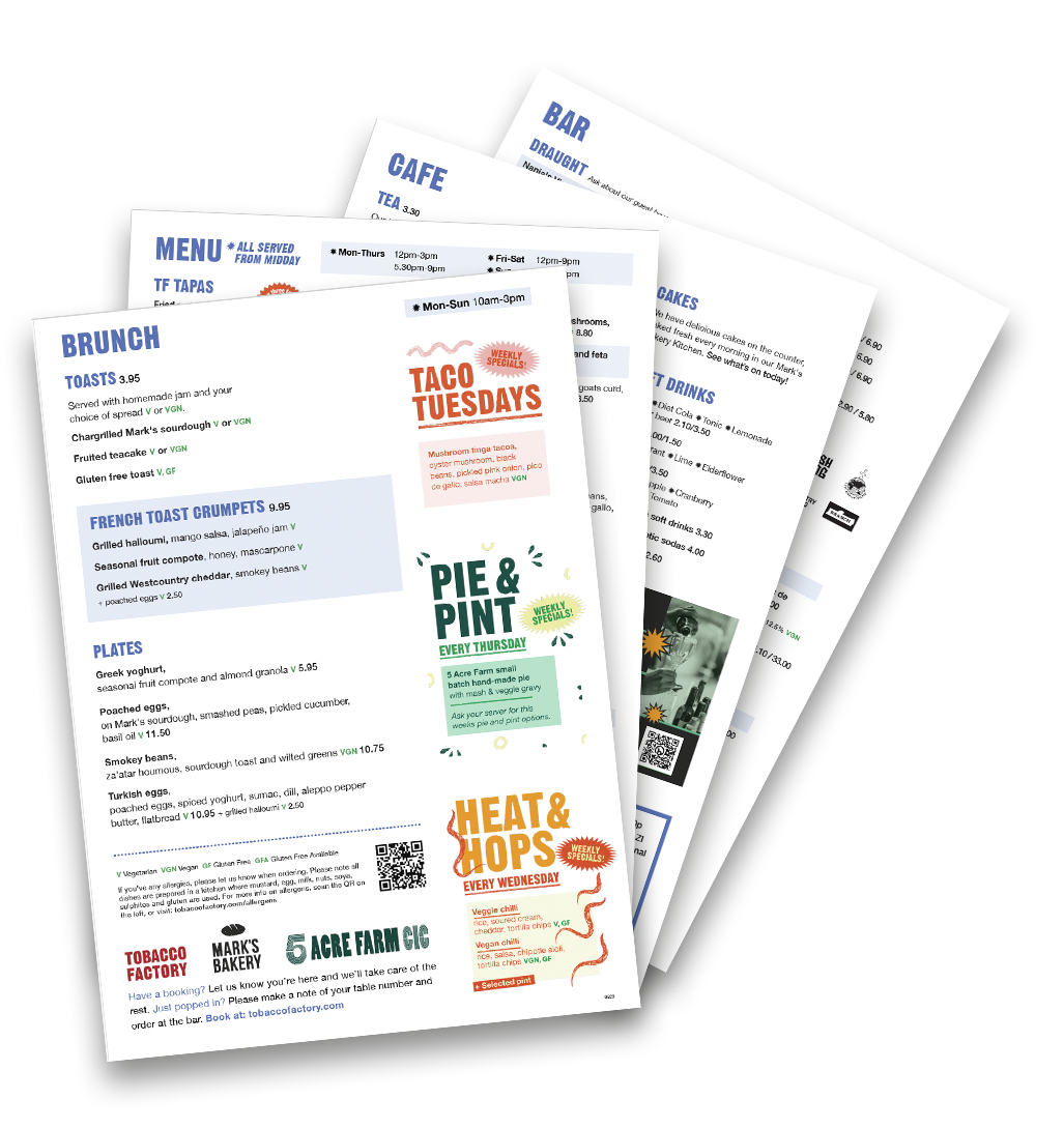 Set of colourful Cafe Bar menus with sections for brunch, tacos, pie and pint, and special weekly events.