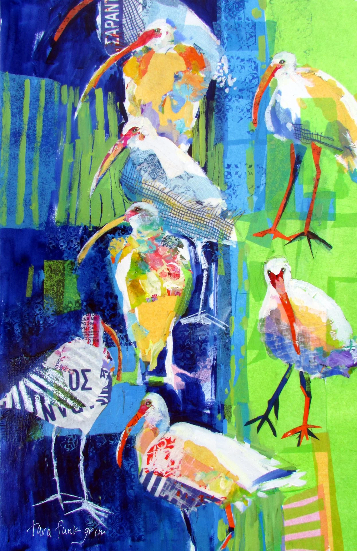 Colorful painting of several storks with elongated necks and legs, set against a vibrant mix of blue and green background. Contains abstract elements and collage textures. Tara Funk Grim Art.