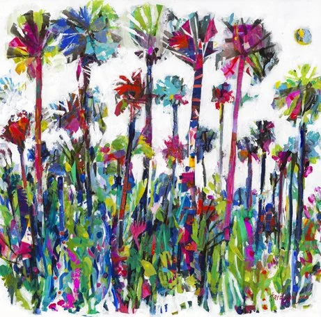 Colorful painting of tall palm trees and lush foliage with vibrant pink, green, blue, and purple hues. Tara Funk Grim Art.