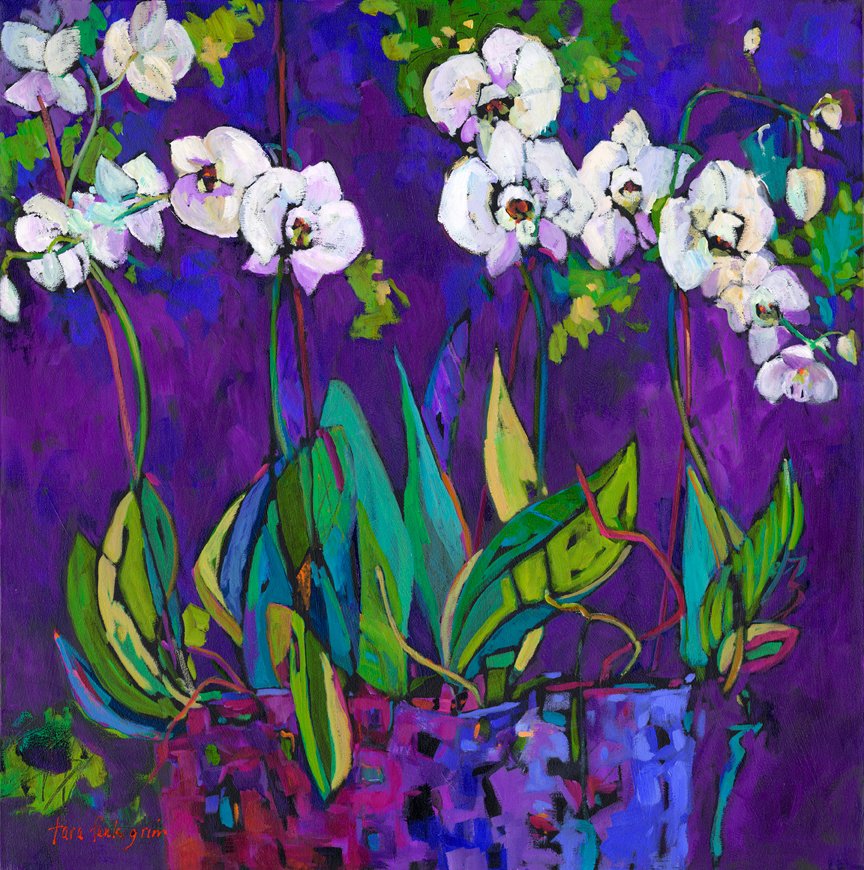 A vibrant painting of white orchids with green and yellow leaves against a purple background. Tara Funk Grim Art.
