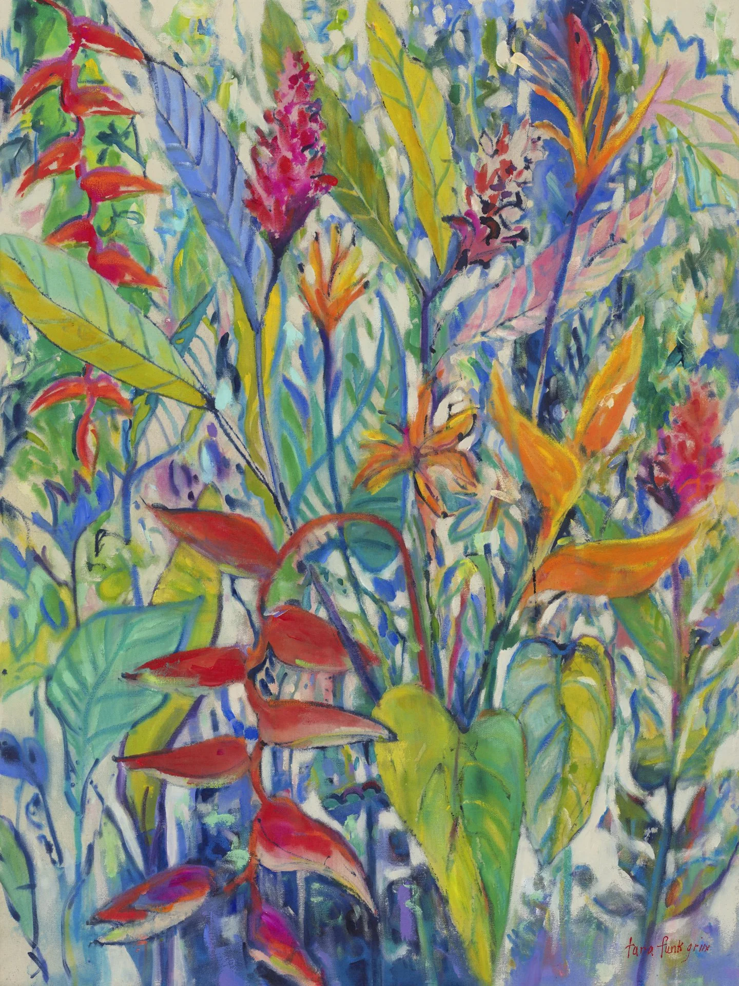 Vibrant abstract painting of tropical leaves and flowers in bright colors including red, pink, yellow, green, and blue. Tara Funk Grim Art.