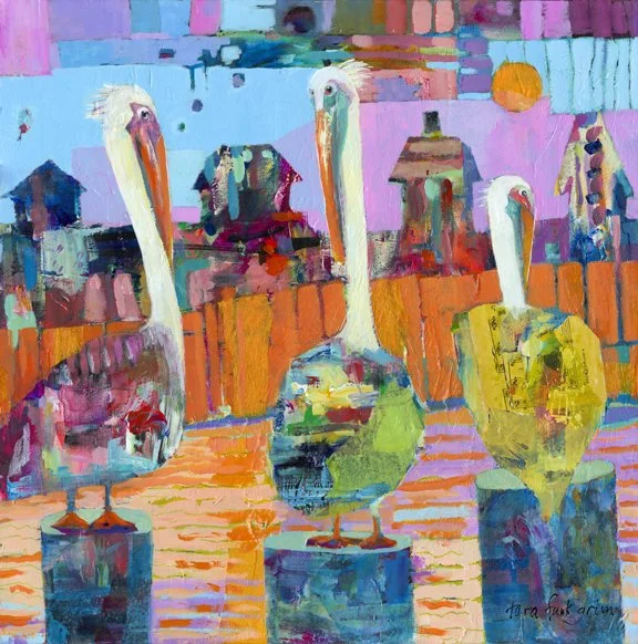 A colorful abstract painting of three swans standing on pedestals in an urban setting with city buildings in the background. Tara Funk Grim Art.