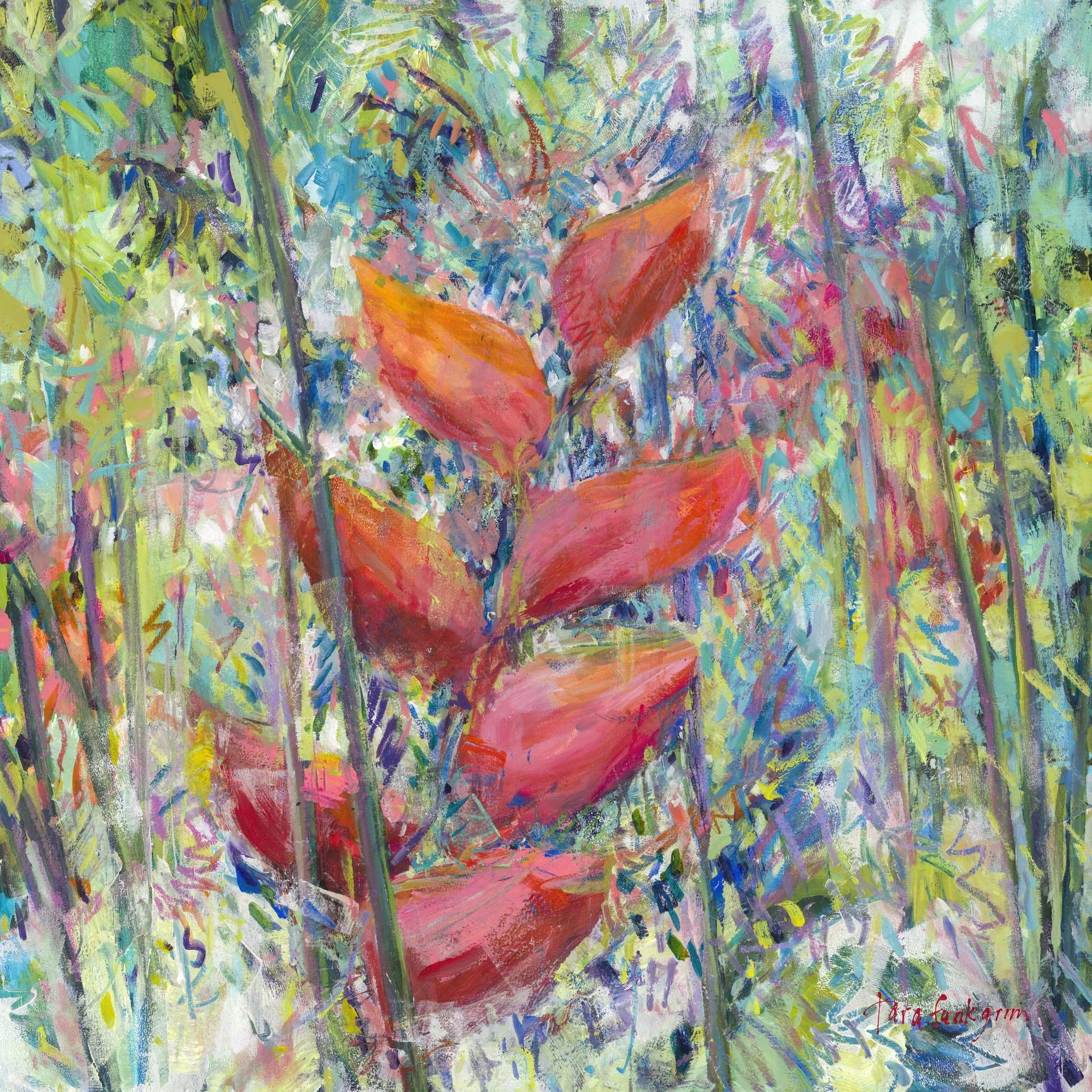 An abstract painting with a colorful mix of brush strokes in green, blue, pink, orange, yellow, and purple. The composition is lively and textured, with a variety of shapes and layers of paint. Tara Funk Grim Art.
