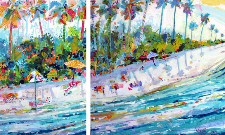 Colorful painting of a tropical beach with palm trees, umbrellas, and ocean waves. Tara Funk Grim Art.