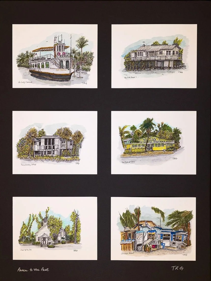 Collection of six watercolor paintings of different houses and buildings, including a boat, a house on stilts, a modern house, a yellow tram with palm trees, a small church, and a colorful street scene, arranged on black background.