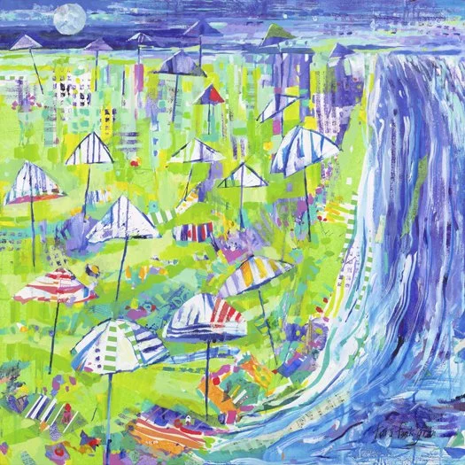 Colorful watercolor painting of a beach scene with umbrellas, green grass, and a waterfall. Tara Funk Grim Art.