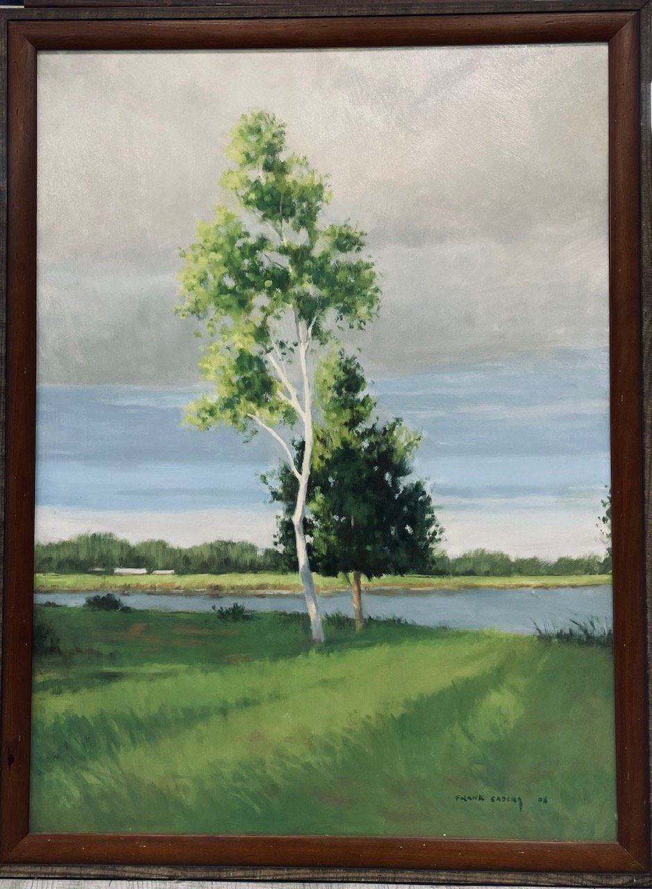A landscape painting of a scene with green grass, a river, and trees, including one with white trunk and light green leaves, under a cloudy sky.