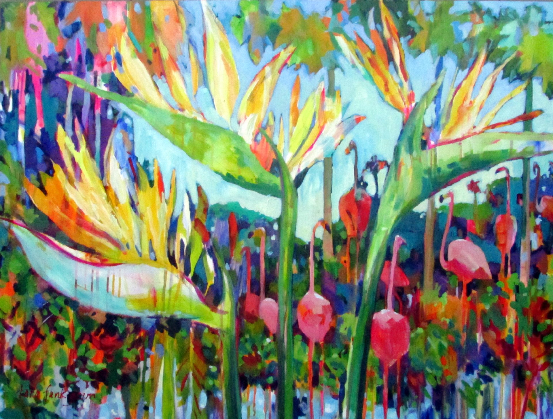Abstract colorful painting with flowers and foliage in bright shades of green, yellow, pink, purple, and blue. Tara Funk Grim Art.