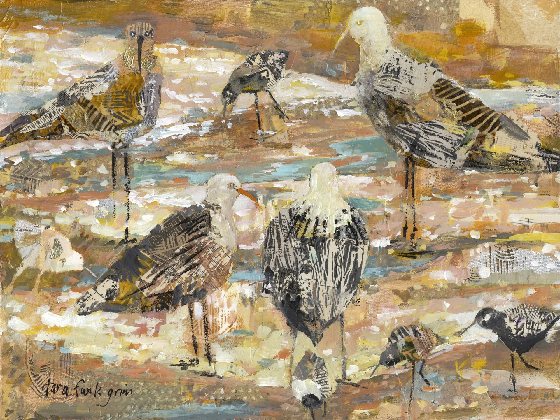 A mixed media painting of a beach scene with various birds, including a great blue heron, a gull, and a smaller bird, created with collage and brushstrokes in warm earthy tones and some cool accents. Tara Funk Grim Art.