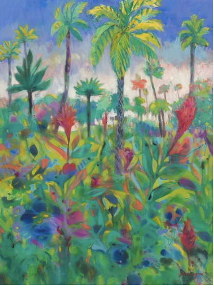 Colorful painting of a tropical landscape with palm trees and vibrant foliage.