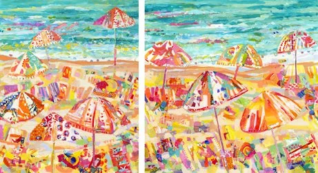 Colorful beach scene with multiple umbrellas and towels on the sand, ocean in the background. Tara Funk Grim Art.