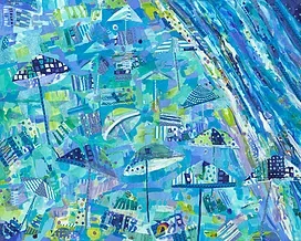 Abstract painting with blue, green, and turquoise geometric shapes and patterns. Tara Funk Grim Art.