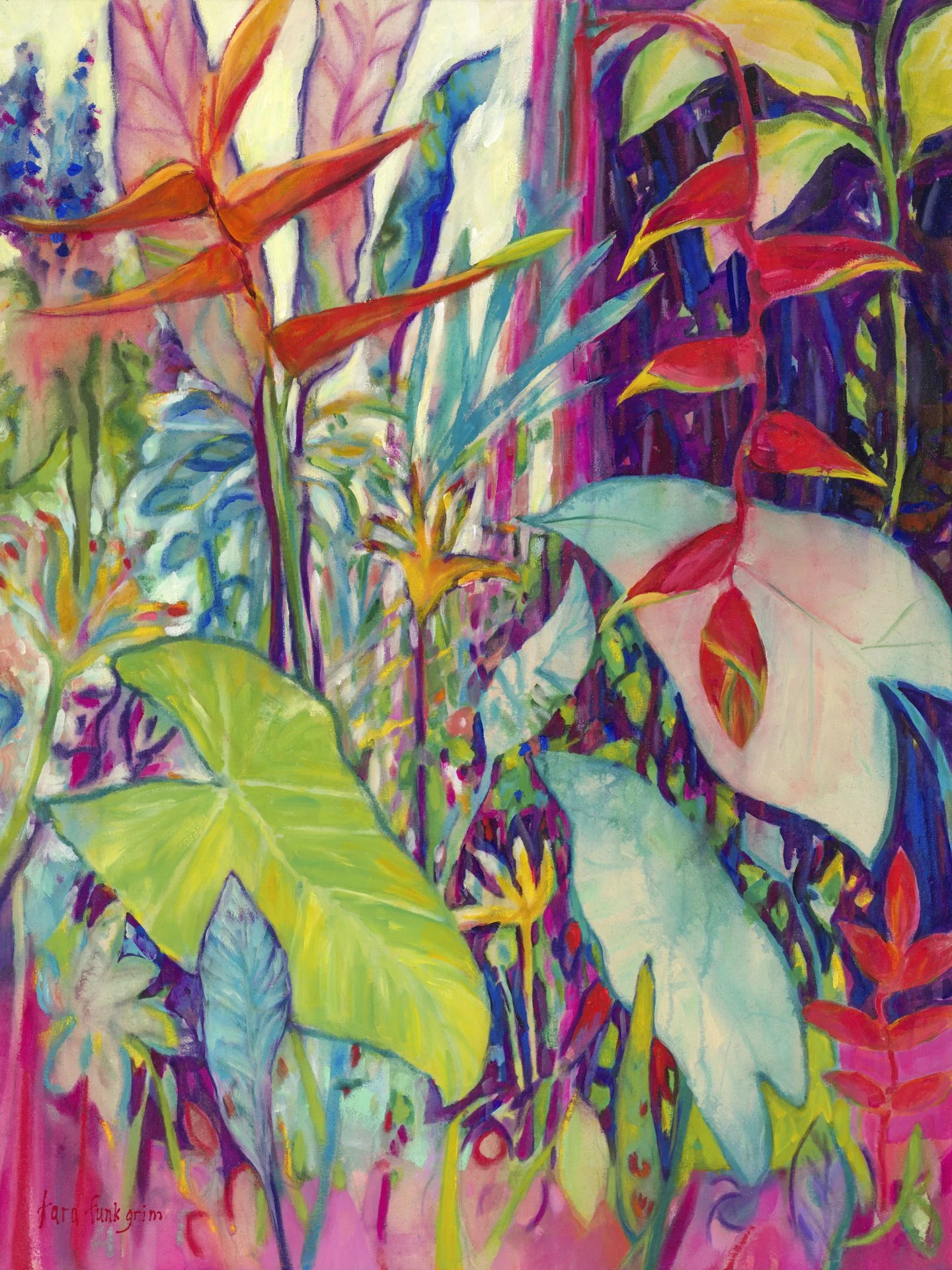 Colorful abstract painting featuring a mix of leaves and plant shapes in bright hues of pink, red, blue, green, yellow, and purple. Tara Funk Grim Art.