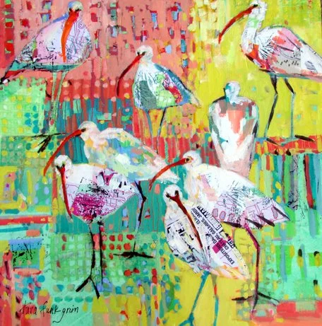 Colorful abstract painting of eight storks with long legs and beaks, set against a vibrant, textured background of various colors. Tara Funk Grim Art.