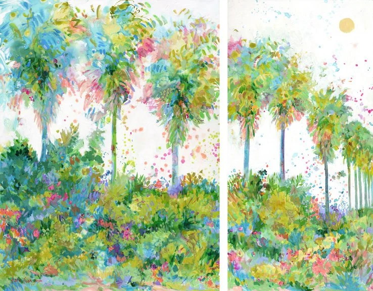 Watercolor painting of a row of palm trees with lush green foliage and colorful flowers at the base, divided into two panels with a white background and splatters of paint. Tara Funk Grim Art.