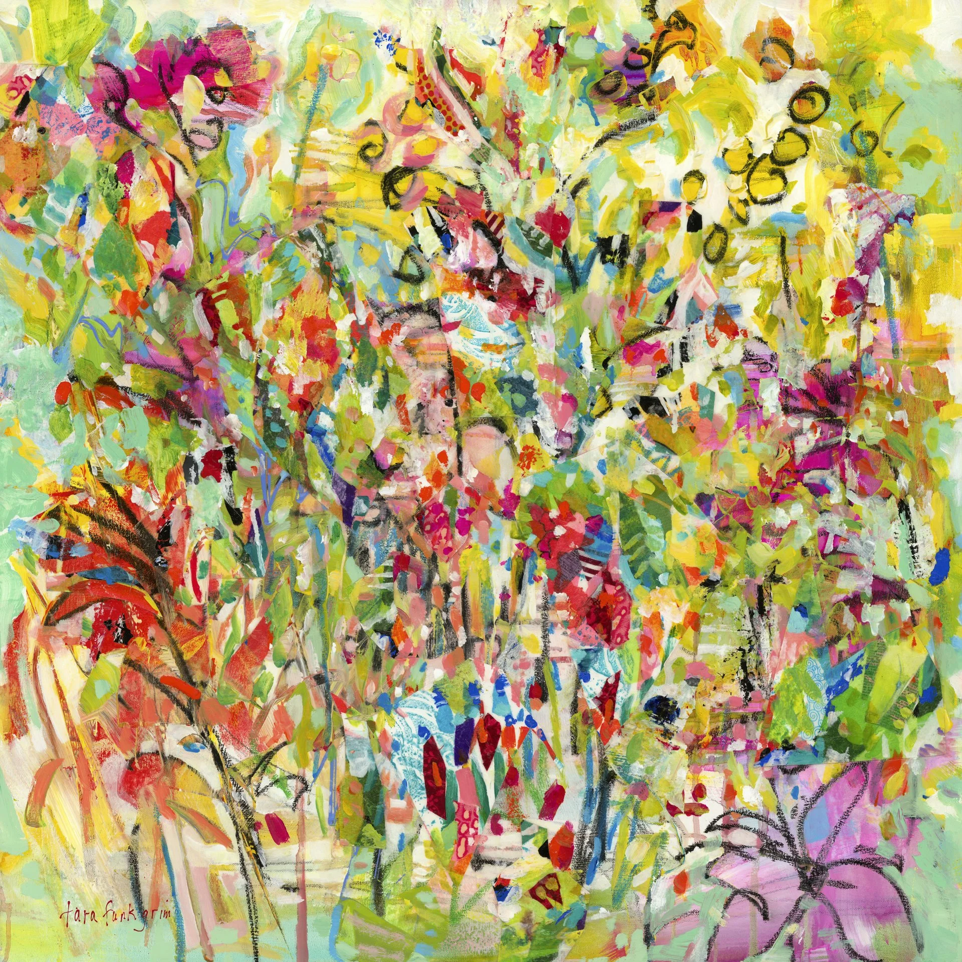 Abstract colorful painting with bold brush strokes, shapes, and layering of bright colors including yellow, pink, red, blue, green, and black. Tara Funk Grim Art.