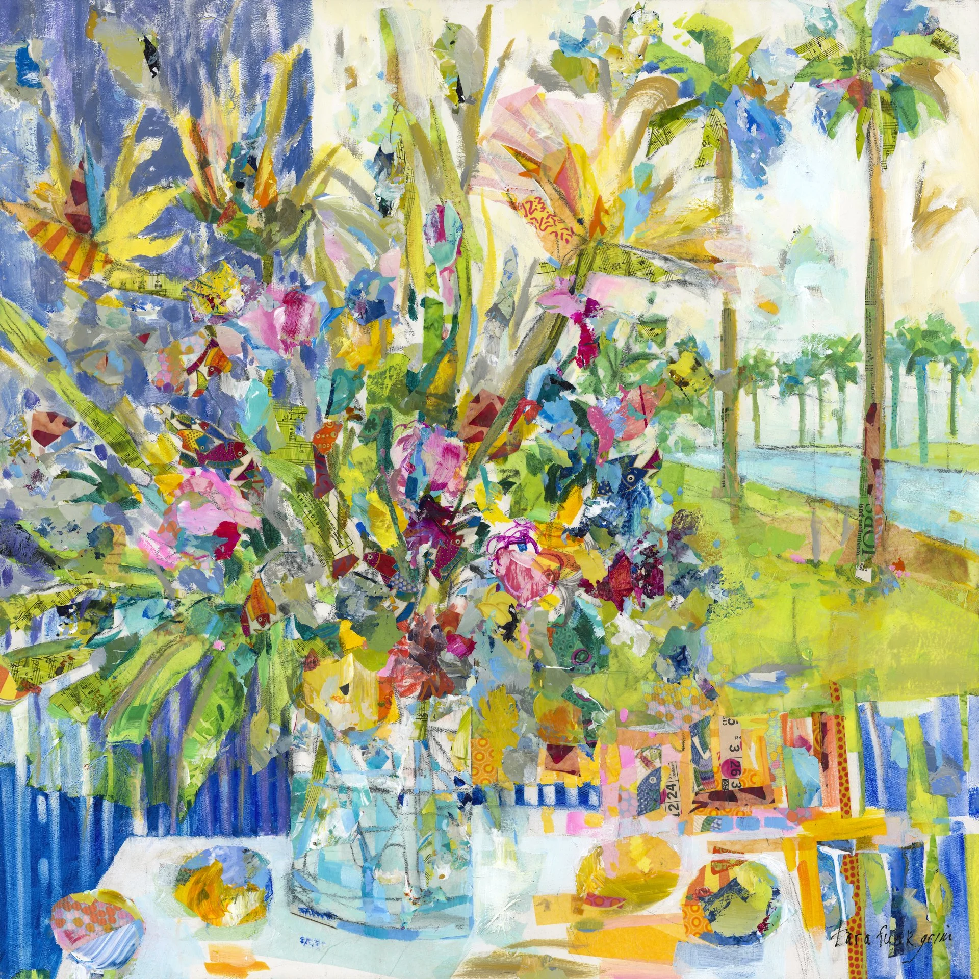 An abstract colorful collage painting with various brushstrokes, shapes, and textures, including yellow, blue, green, pink, and orange hues, and some visible tape or paper strips incorporated into the artwork. Tara Funk Grim Art.