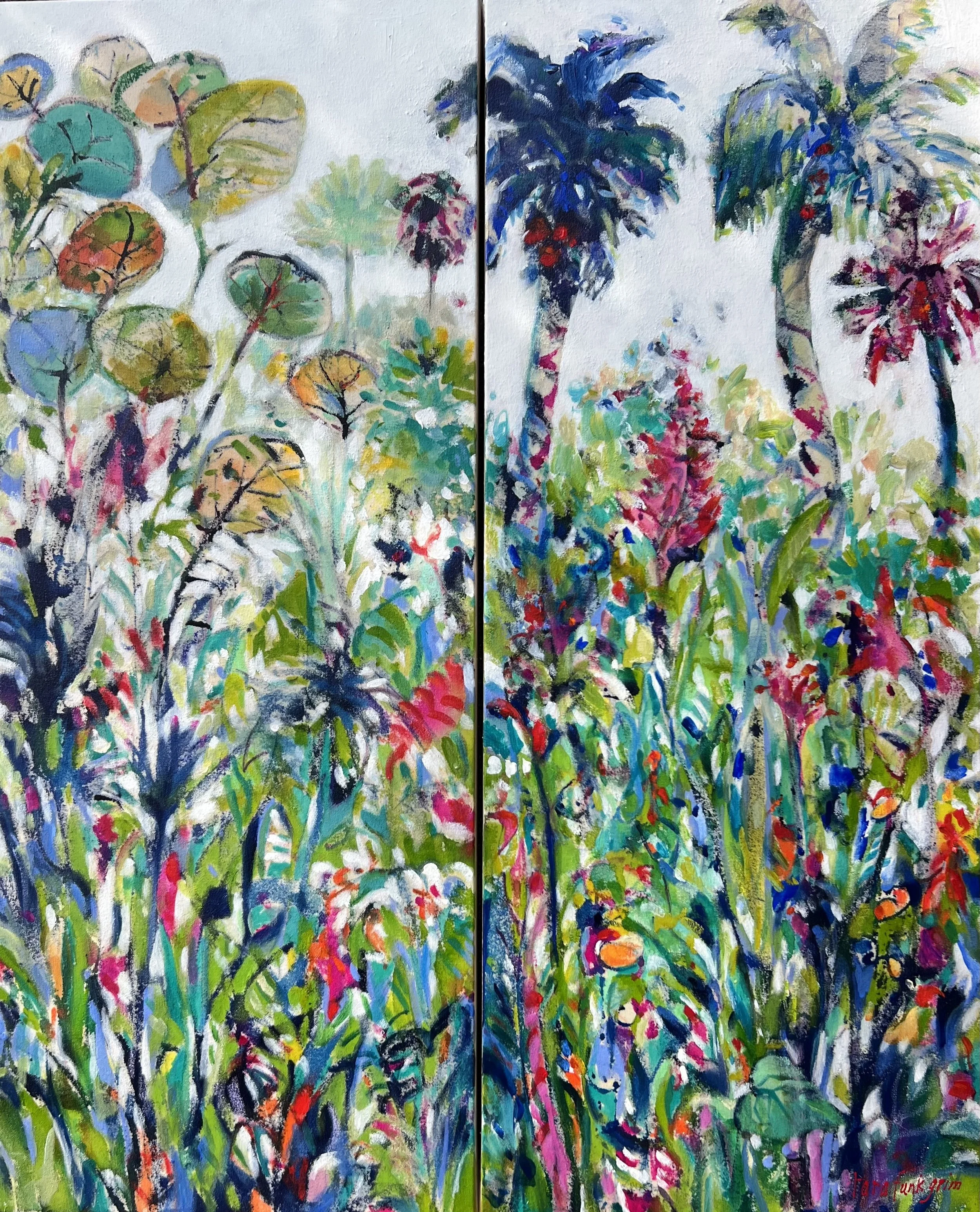 Two side-by-side abstract paintings of lush greenery, plants, and flowers with vibrant colors and thick brushstrokes. Tara Funk Grim Art.