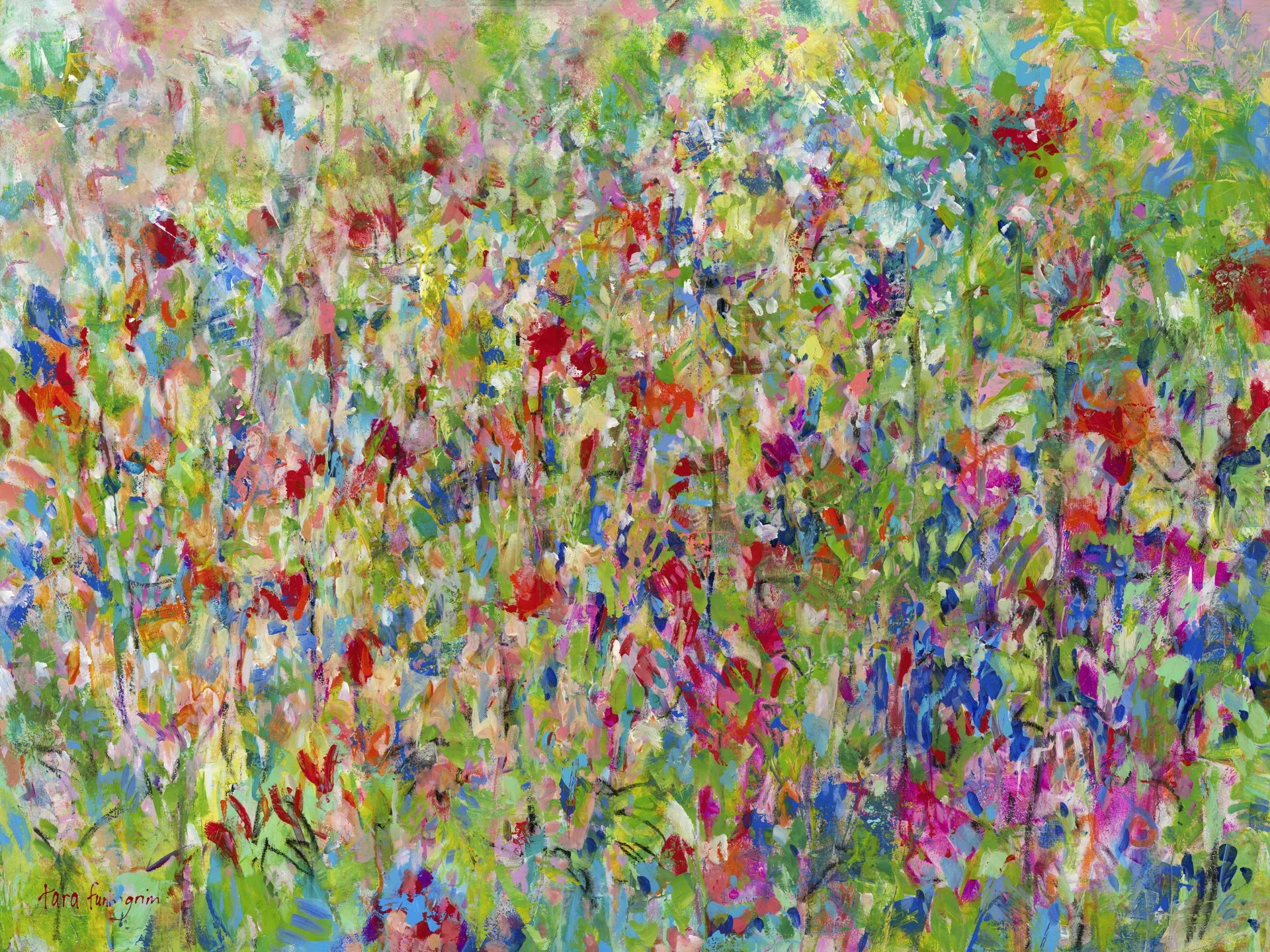 An abstract painting with vibrant splashes of pink, green, blue, yellow, red, and white colors. Tara Funk Grim Art.