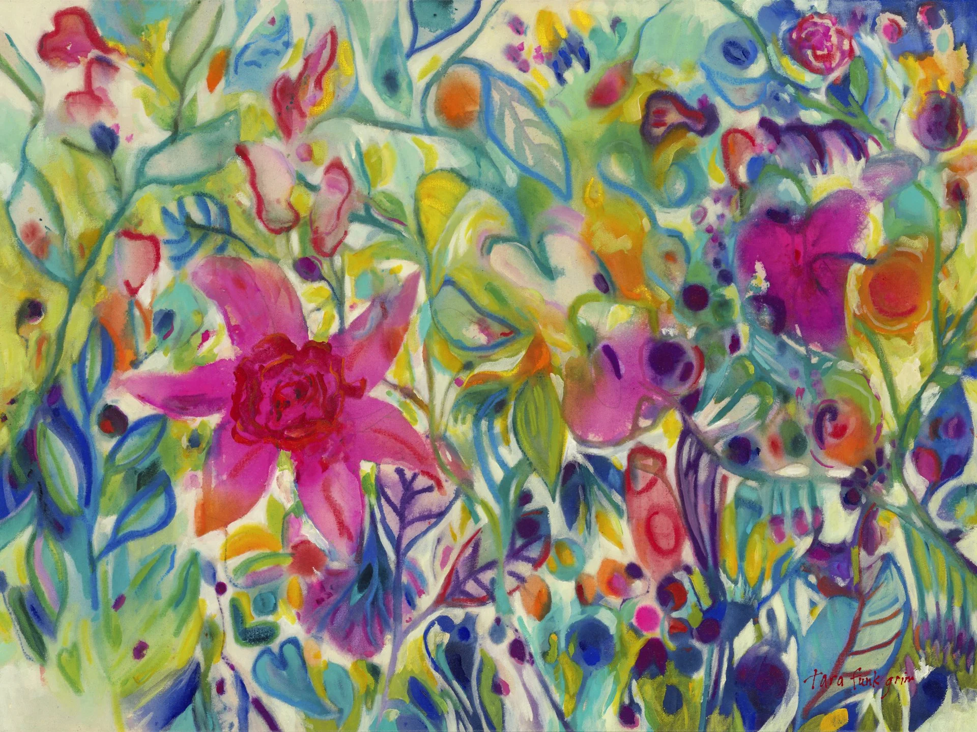Abstract colorful floral watercolor painting with pink, purple, yellow, blue, and green hues. Tara Funk Grim Art.