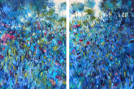 Two abstract impressionist paintings of a wildflower field in shades of blue, purple, and green. Tara Funk Grim Art.