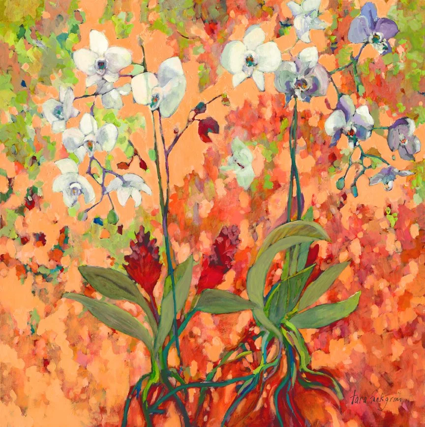 Painted image of white orchids with purple accents and red flowers with green leaves on an abstract orange and green background. Tara Funk Grim Art.