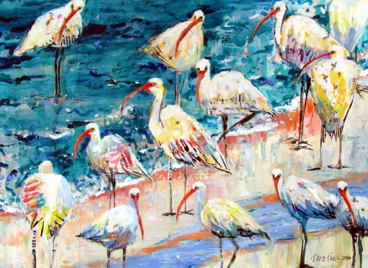 Painting of twelve white storks with long orange beaks standing on a beach near water, depicted in vibrant, expressive brushstrokes. Tara Funk Grim Art.
