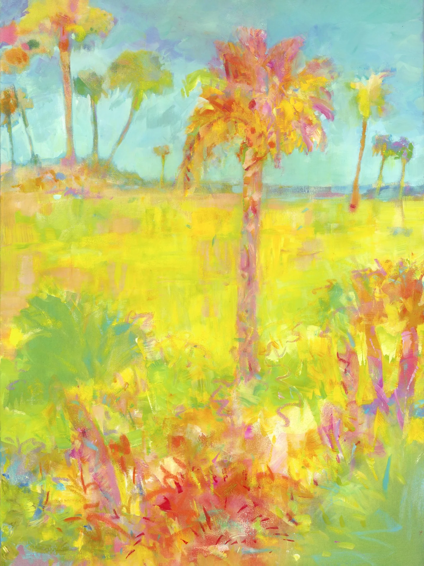 A colorful, abstract painting of a landscape with trees, grass, and a sky in pastel shades of pink, yellow, blue, and green. Tara Funk Grim Art.