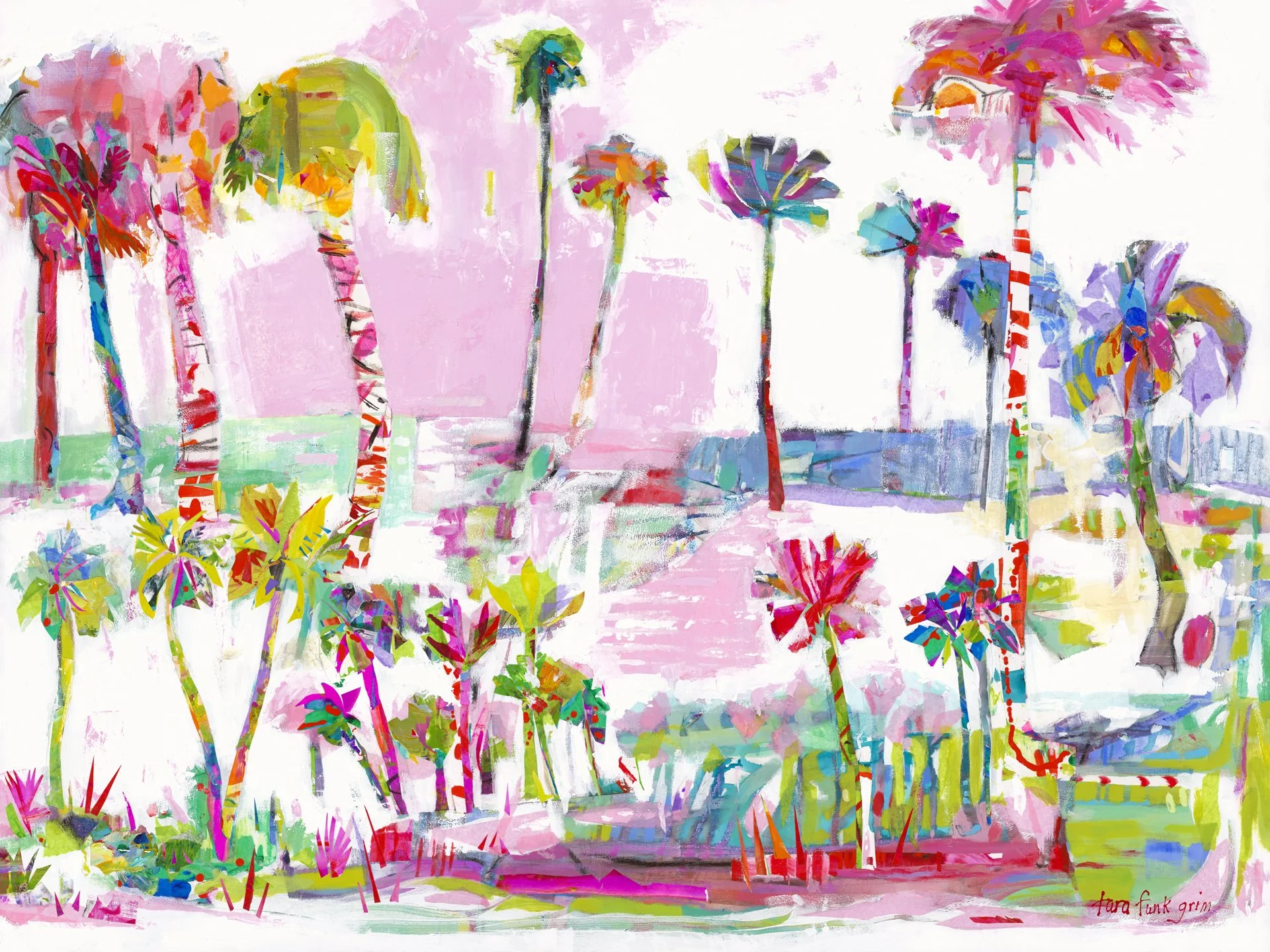 Colorful abstract painting of a tropical landscape with palm trees, bushes, and a hint of a beach, rendered in vibrant, expressive brushstrokes. Tara Funk Grim Art.