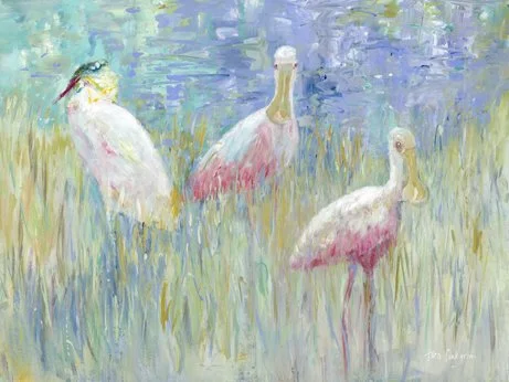 Painting of three flamingos standing in grass near a pond, with soft pastel colors. Tara Funk Grim Art.