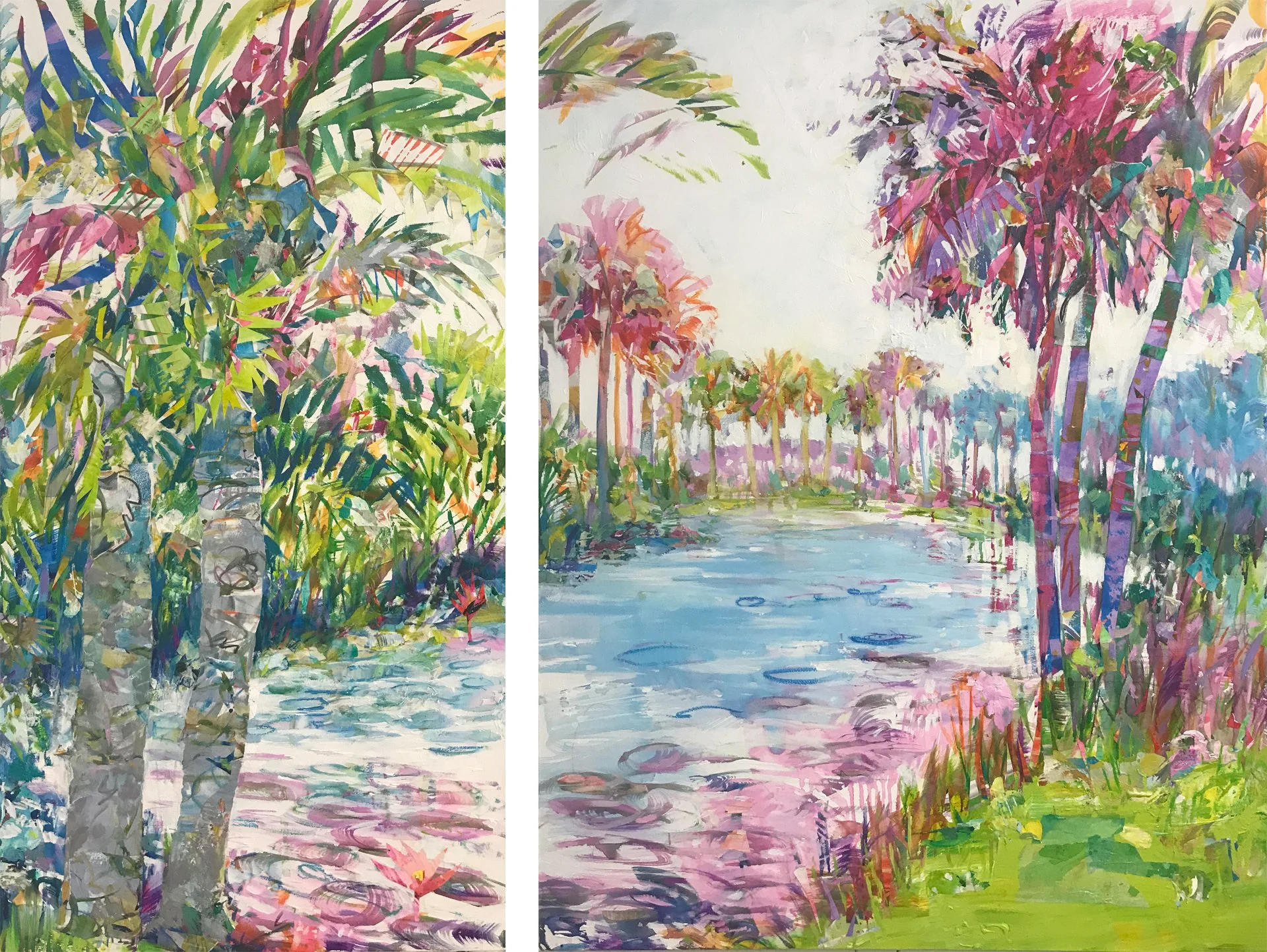 Colorful impressionist painting of a tropical landscape with lush trees, water, and a sky in the background. Tara Funk Grim Art.