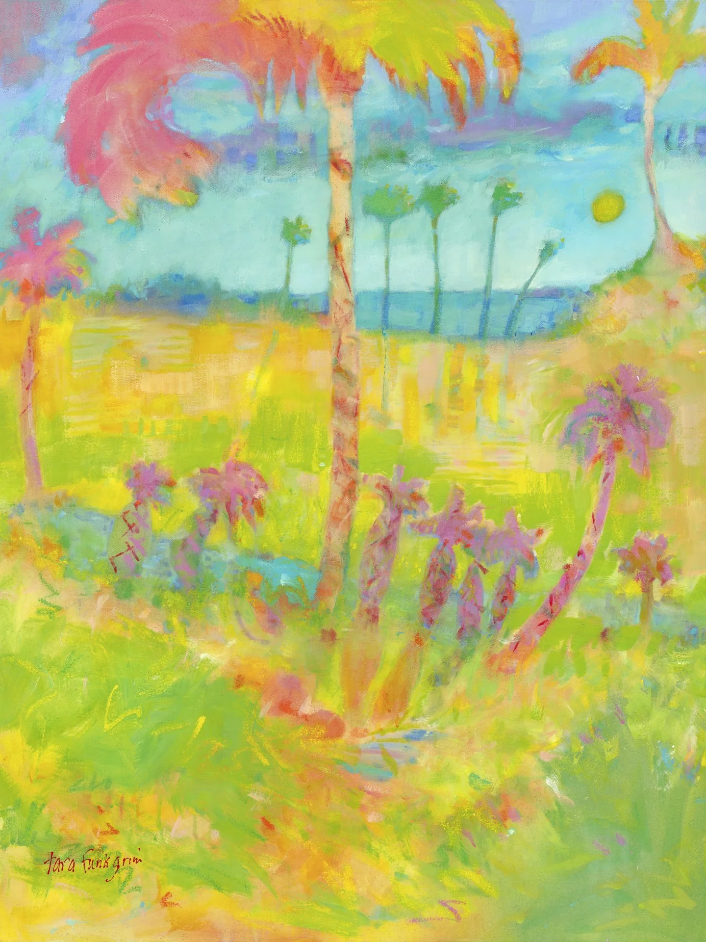 A colorful abstract painting depicting palm trees by a body of water with a yellow sun in the sky. Bright colors of pink, yellow, green, and blue dominate the scene. Tara Funk Grim Art.