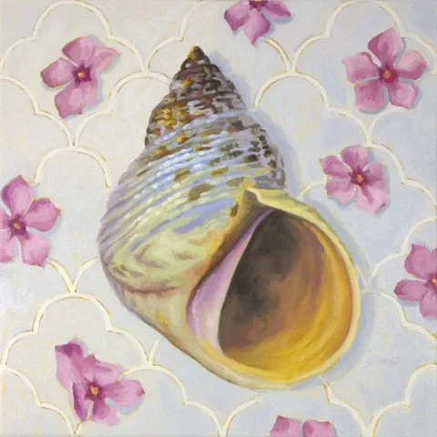 A painting of a large seashell on a patterned background with pink flowers.