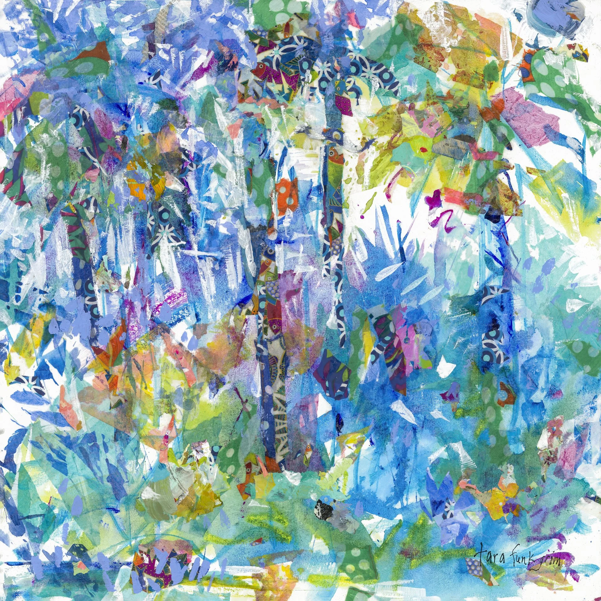 Abstract colorful artwork with a collage of various patterns and textures, featuring a silhouette of a person holding an umbrella, surrounded by vibrant colors like blue, green, yellow, pink, and purple. Tara Funk Grim Art.