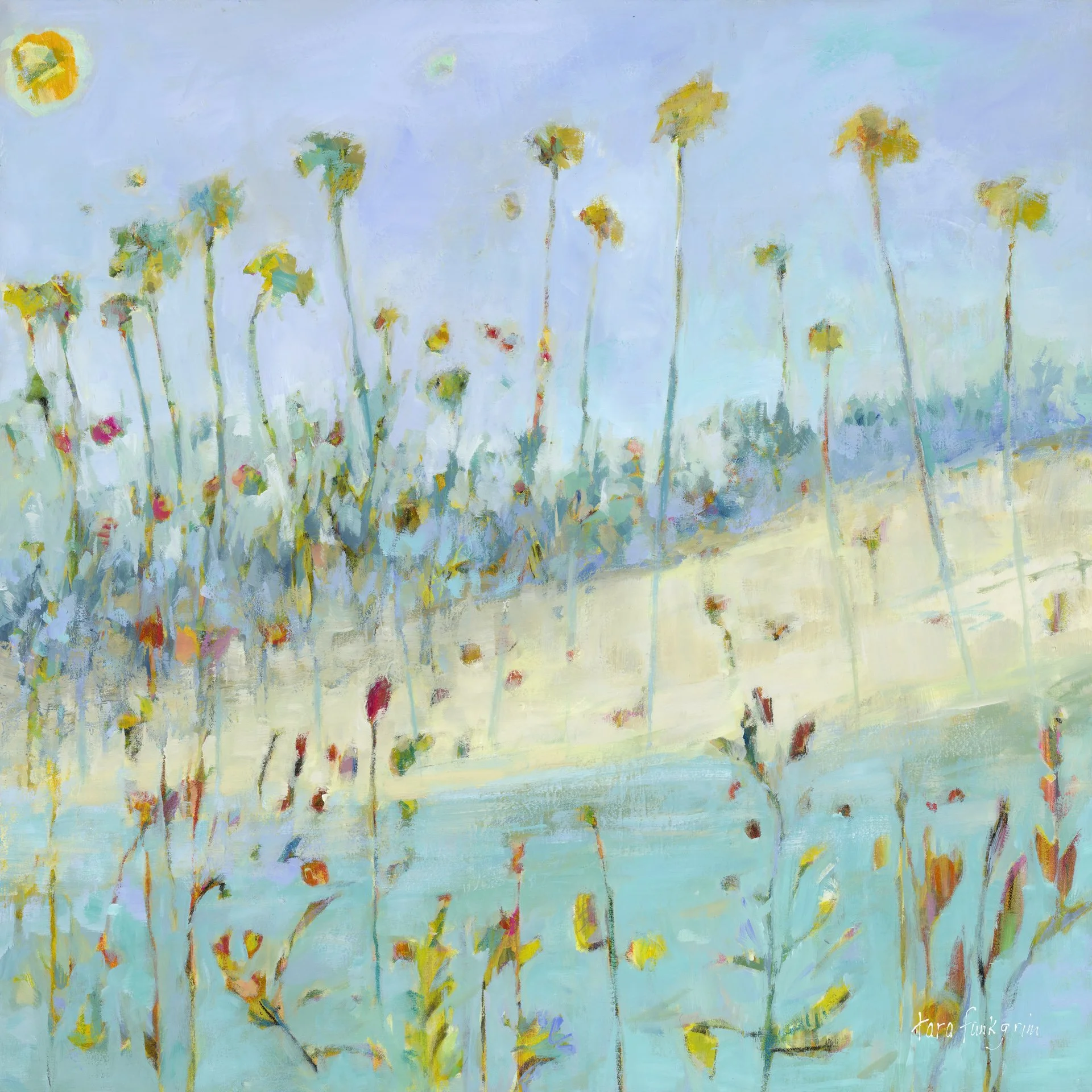An impressionistic painting of tall, slender trees with colorful leaves against a blue sky with a yellow sun in the top left corner. Tara Funk Grim Art.