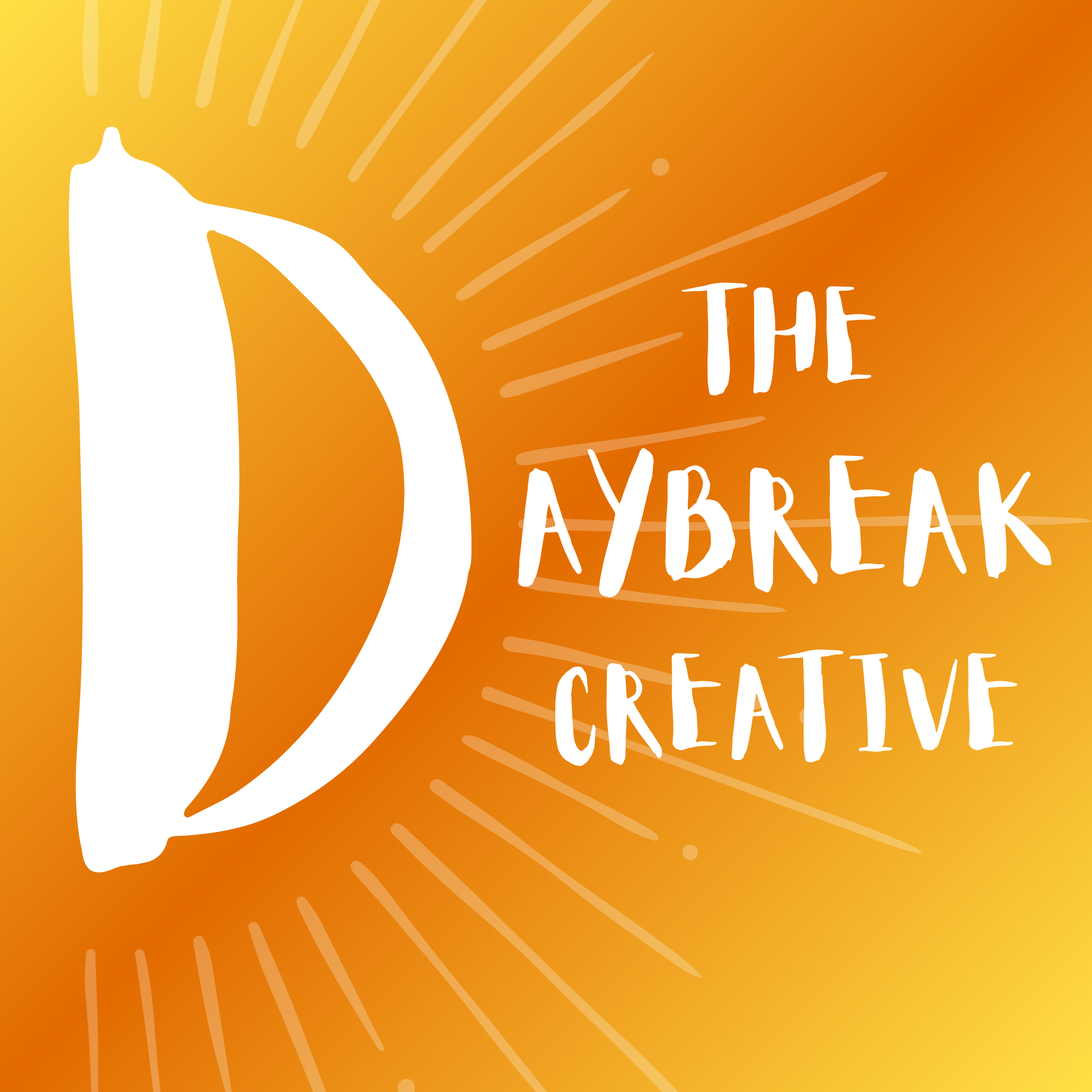 A stylized graphic image with an orange and yellow gradient background, featuring a white abstract sideways sunrise, with radiating lines and the text "THE DAYBREAK CREATIVE" in white, handwritten-style font.