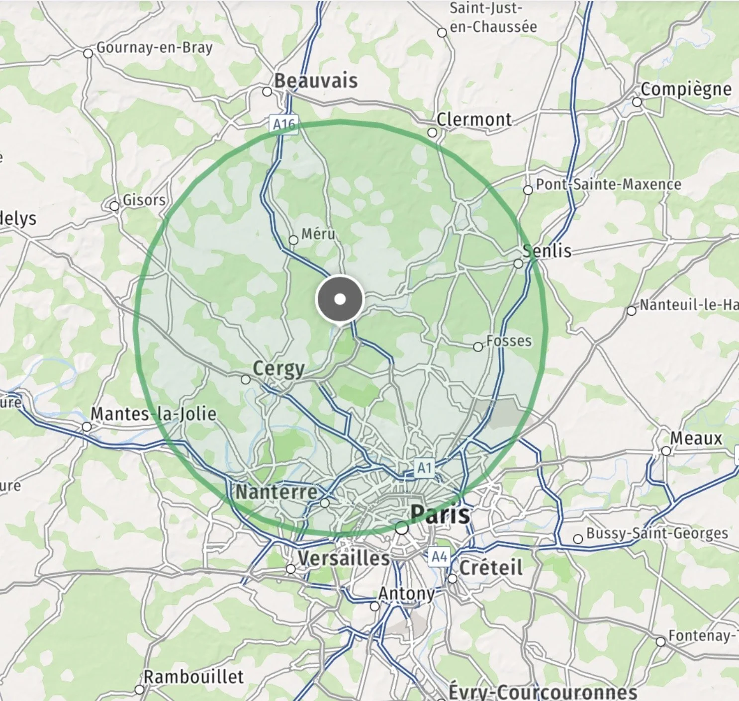 Zone de déplacement de Léa Mallard, dans un rayon de 30 kilomètres autour de L'Isle-adam.