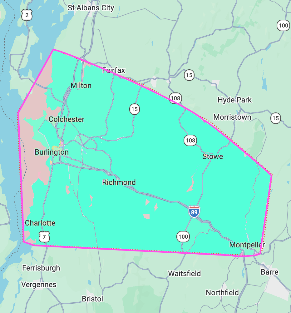 Map of a region in Virginia showing cities like Fairfax, Richmond, and Charlottesville, with highways including I-89, US-7, and US-15, and a pink boundary outlining the region.