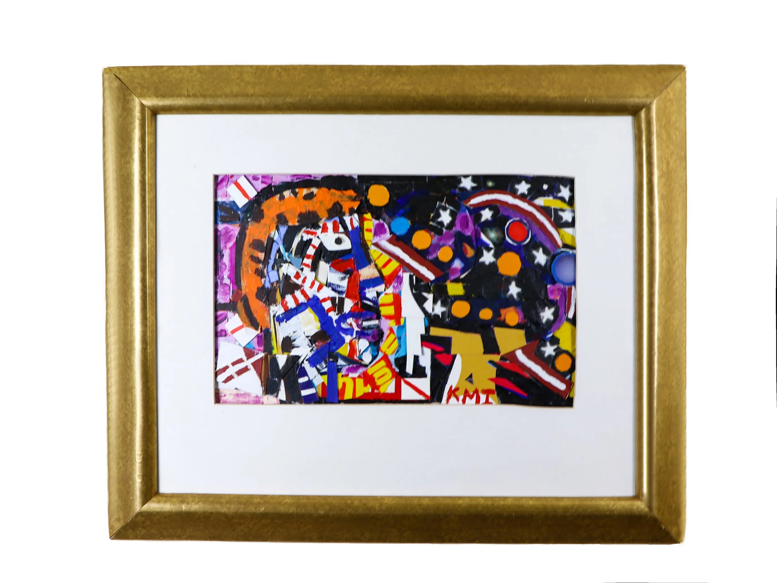 Mixed media collage artwork by Karl A. McIntosh featuring colorful abstract figures, layered patterns, and vibrant geometric shapes in a gold frame.