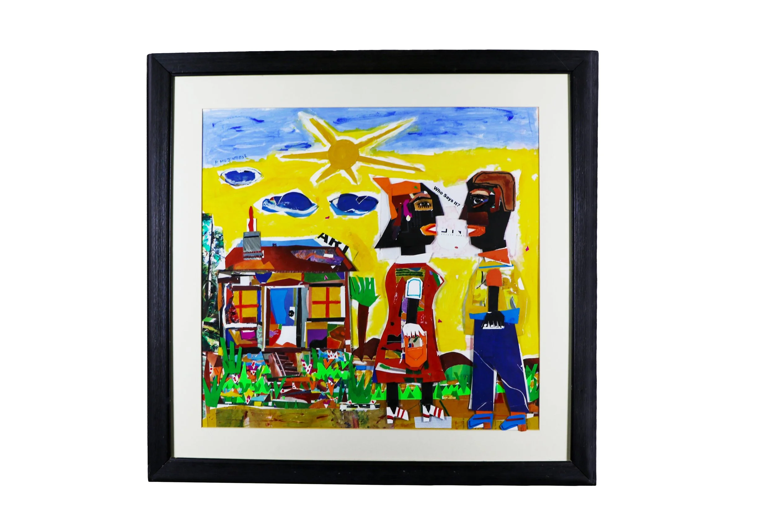 Mixed media collage artwork by Karl A. McIntosh featuring three stylized human figures standing on green grass beneath a bright sun, with colorful buildings and a vibrant yellow sky.