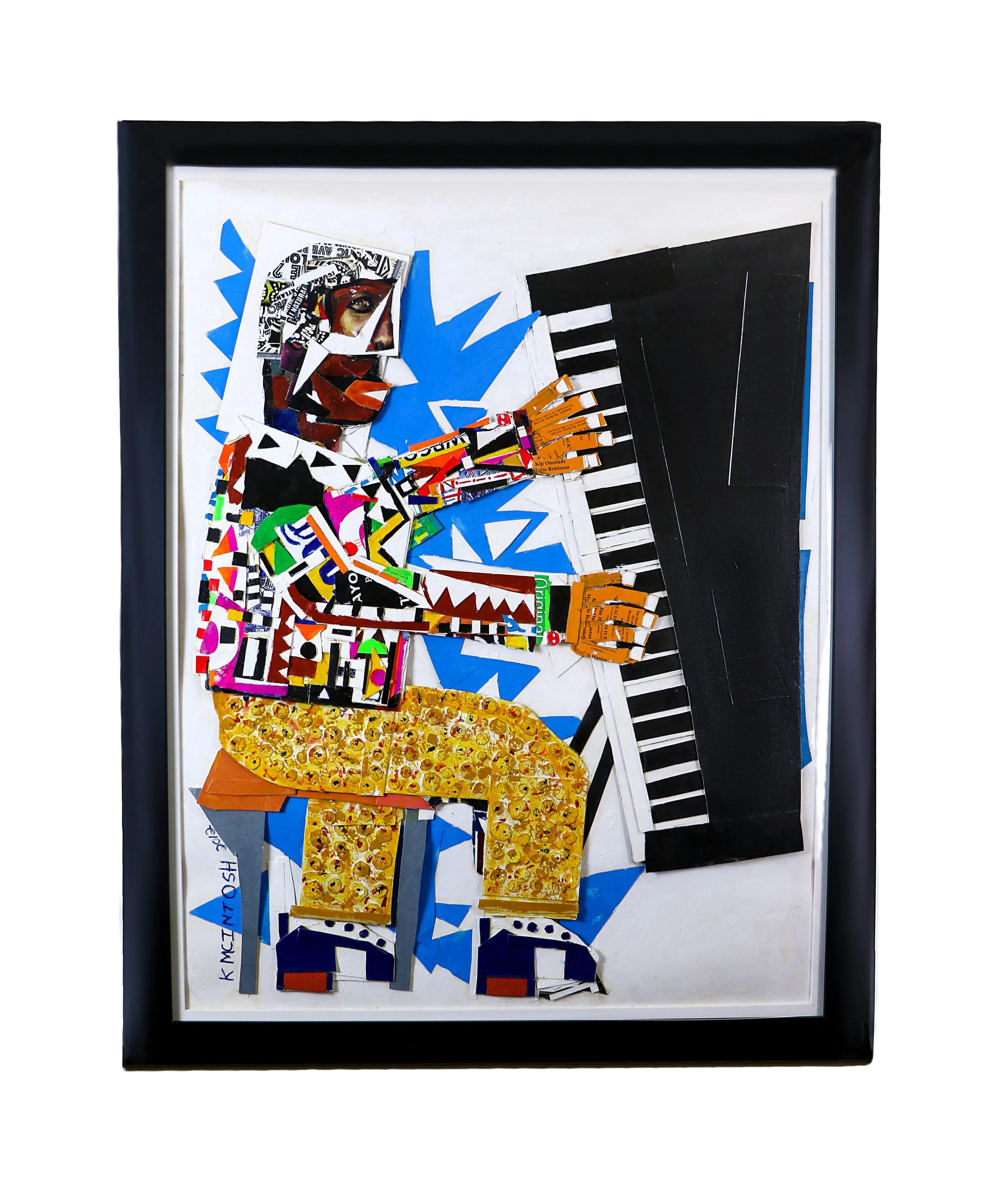 Mixed media collage artwork by Karl A. McIntosh featuring a stylized human figure made from colorful cut out images, text, and layered shapes.