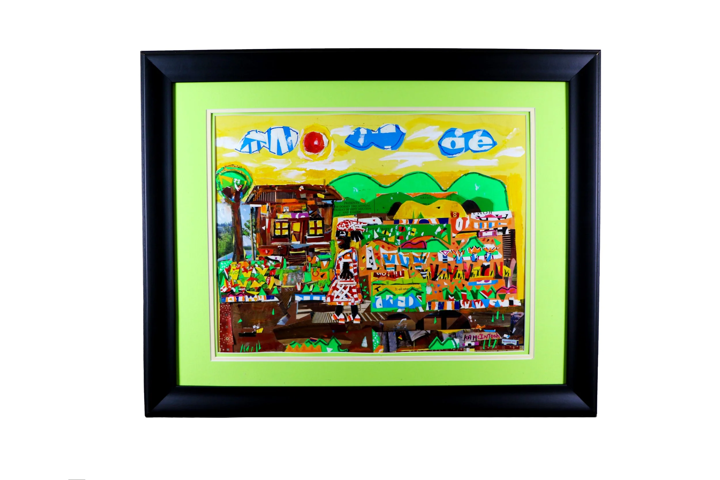 HOME, mixed media collage artwork by Karl A. McIntosh featuring a colorful rural landscape with green hills, a wooden house, bright yellow sky, and painted clouds.