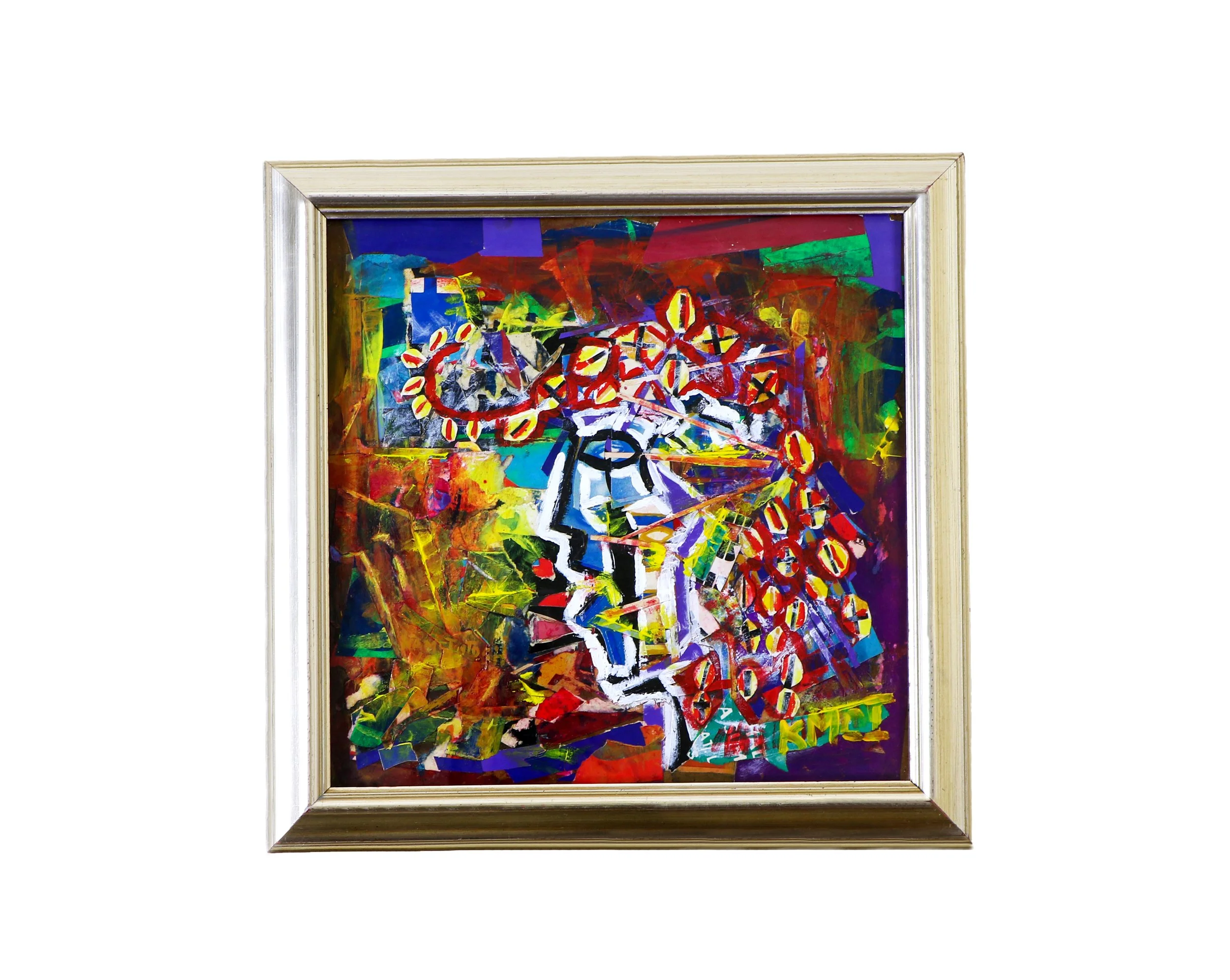 Colorful mixed media artwork by Karl A. McIntosh featuring vibrant red, blue, green, and yellow abstract shapes in a wooden frame.